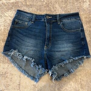 Kancan Jean Shorts Womens 28 Blue Cut Off Fringe Raw Hem Stretch Denim‎